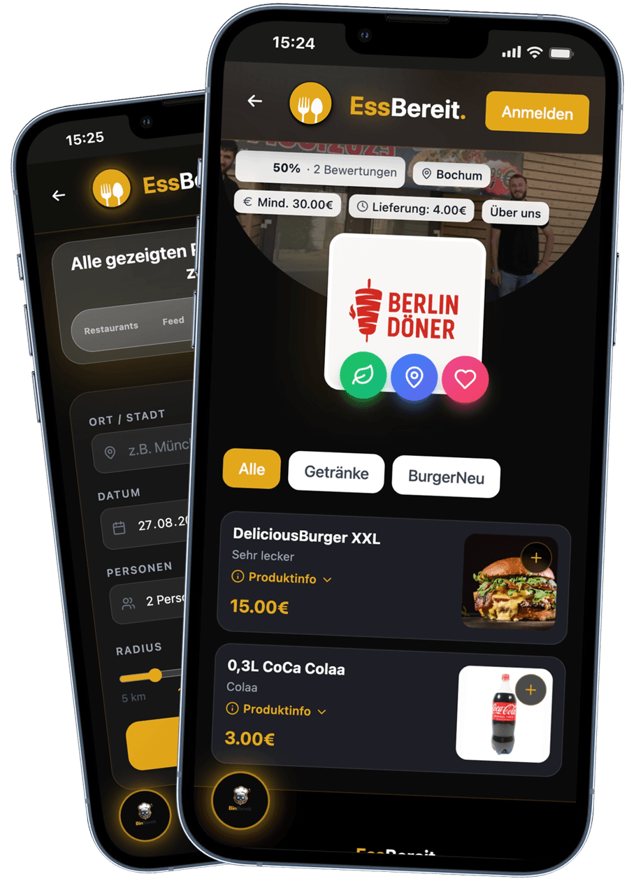 Die EssBereit App: die Seite eines Restaurants und die Suche nach Restaurants in der Nähe