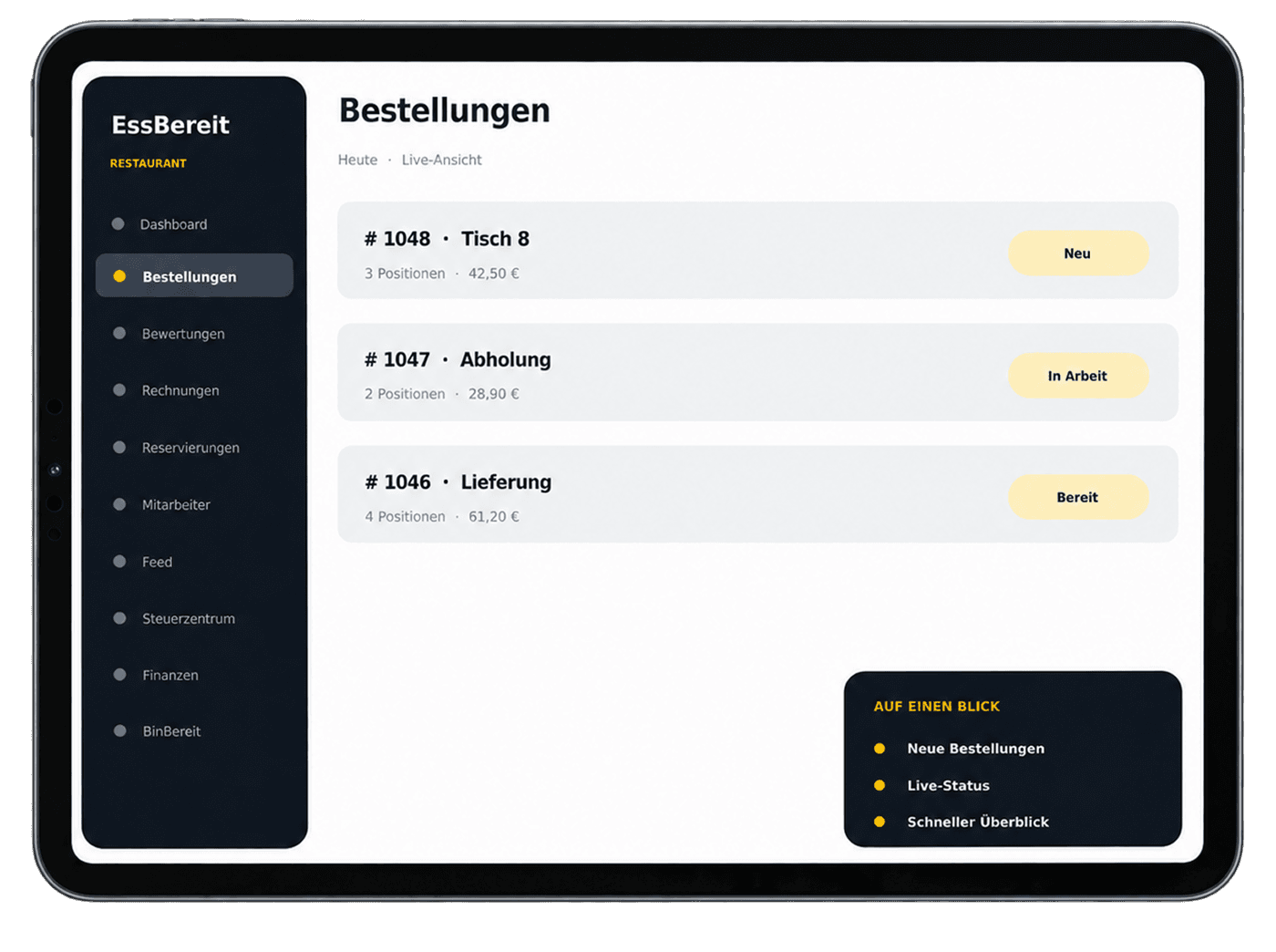 Das EssBereit Tablet mit der Bestellübersicht