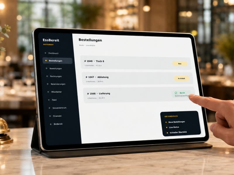 Ein EssBereit Tablet auf dem Tresen zeigt die eingehenden Bestellungen