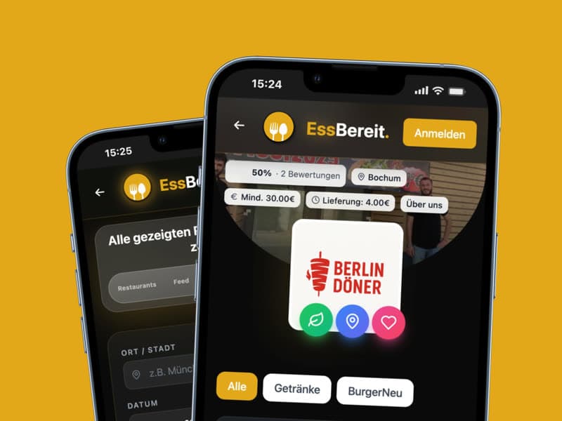 Die EssBereit App auf zwei Handys mit Restaurantsuche und Speisekarte
